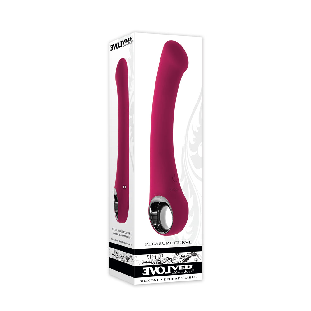 Pleasure Curve Silicone G-Spot Vibrator Red in stylish packaging showcasing its unique shape and features.