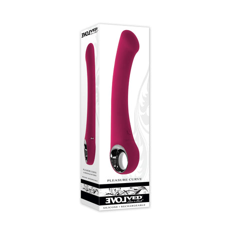 Pleasure Curve Silicone G-Spot Vibrator Red in stylish packaging showcasing its unique shape and features.