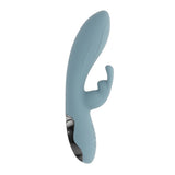 Boss Bunny Silicone Rabbit Vibrator Blue showcasing sleek design for dual stimulation with a gentle curve and soft textures.