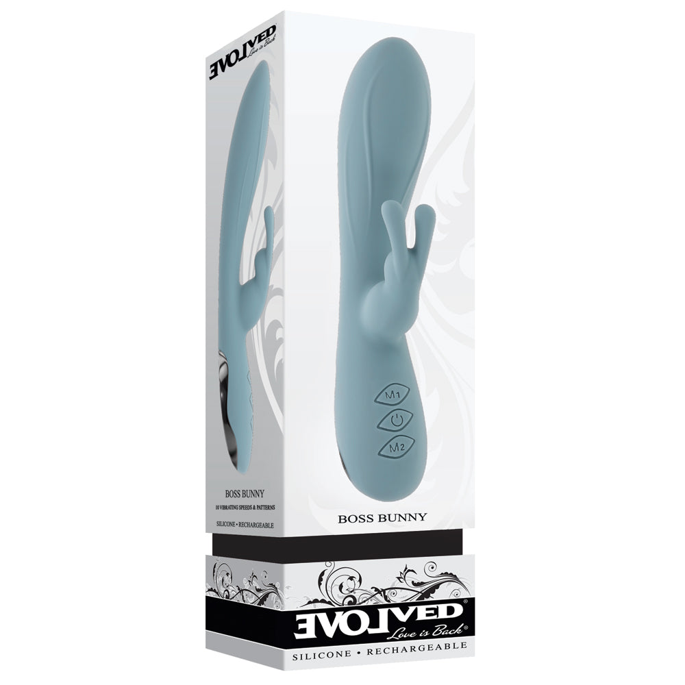 Boss Bunny Silicone Rabbit Vibrator Blue showcased in elegant packaging with dual stimulation features and flexible design.