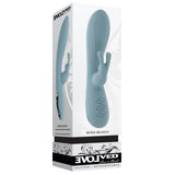 Boss Bunny Silicone Rabbit Vibrator Blue showcased in elegant packaging with dual stimulation features and flexible design.