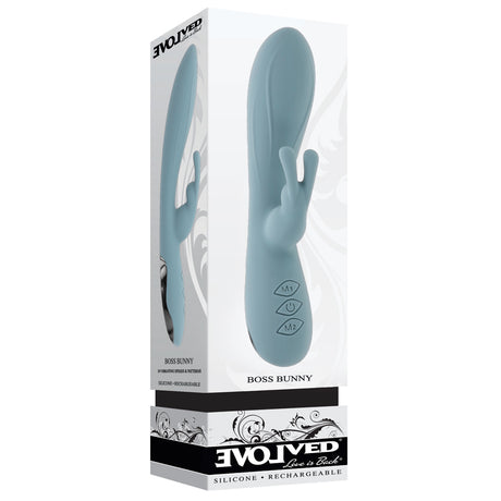 Boss Bunny Silicone Rabbit Vibrator Blue showcased in elegant packaging with dual stimulation features and flexible design.