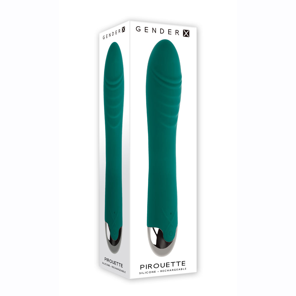 Gender X Pirouette Silicone Twirling Vibrator Green in packaging, featuring soft silicone texture and sleek design.