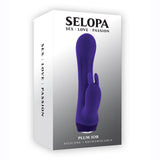 Selopa Plum Job Silicone Rabbit Vibrator Purple packaging featuring a sleek design and dual-action capabilities.