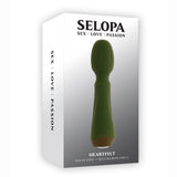 Selopa Heartfelt Silicone Body Wand Vibrator Green in packaging, showcasing its sleek design and features.