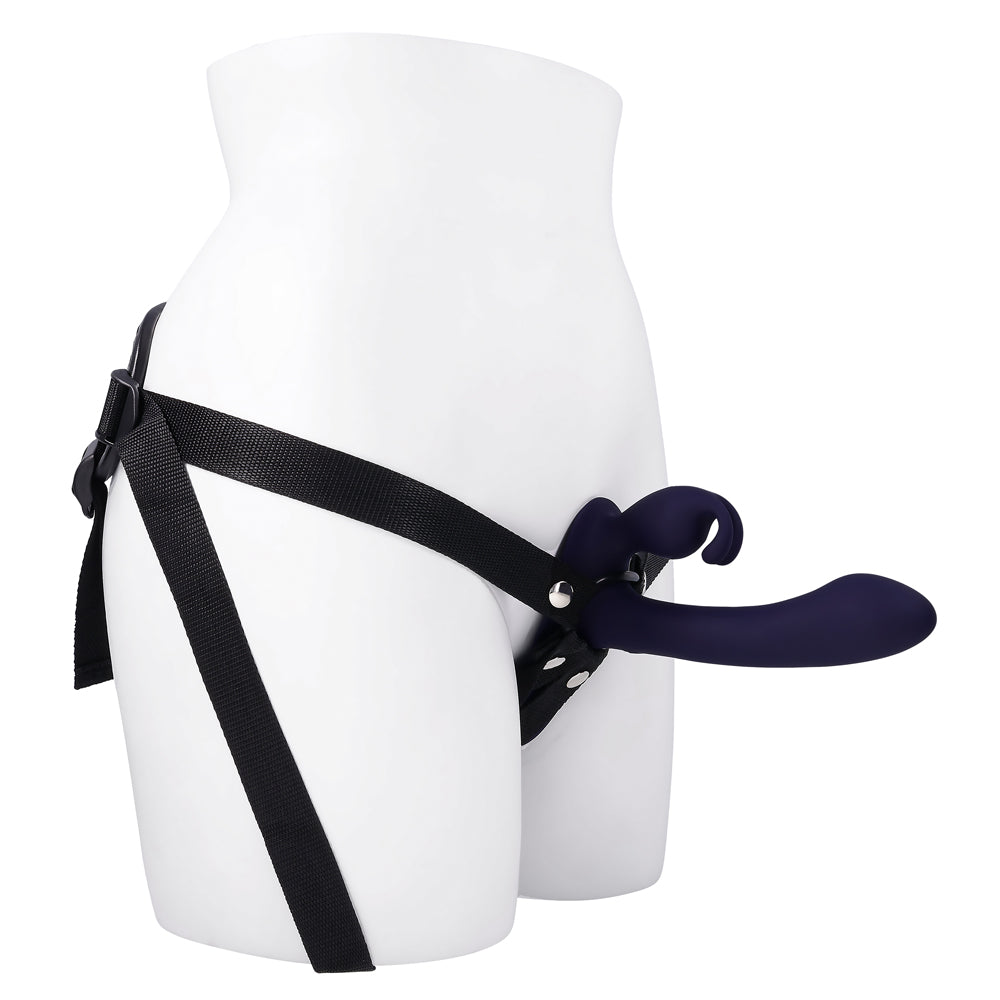 Giving Vibes Silicone Triple Stimulation Strap-On Purple on a mannequin displaying straps and features.