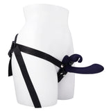 Giving Vibes Silicone Triple Stimulation Strap-On Purple on a mannequin displaying straps and features.