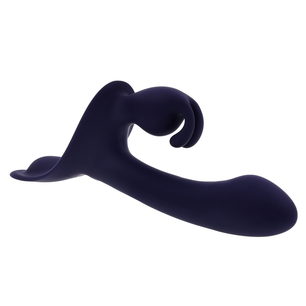 Giving Vibes Silicone Triple Stimulation Strap-On Purple designed for couples with triple motors for shared pleasure.