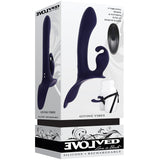 Giving Vibes Silicone Triple Stimulation Strap-On Purple packaging featuring a vibrant silicone design.