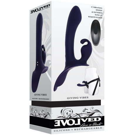 Giving Vibes Silicone Triple Stimulation Strap-On Purple packaging featuring a vibrant silicone design.