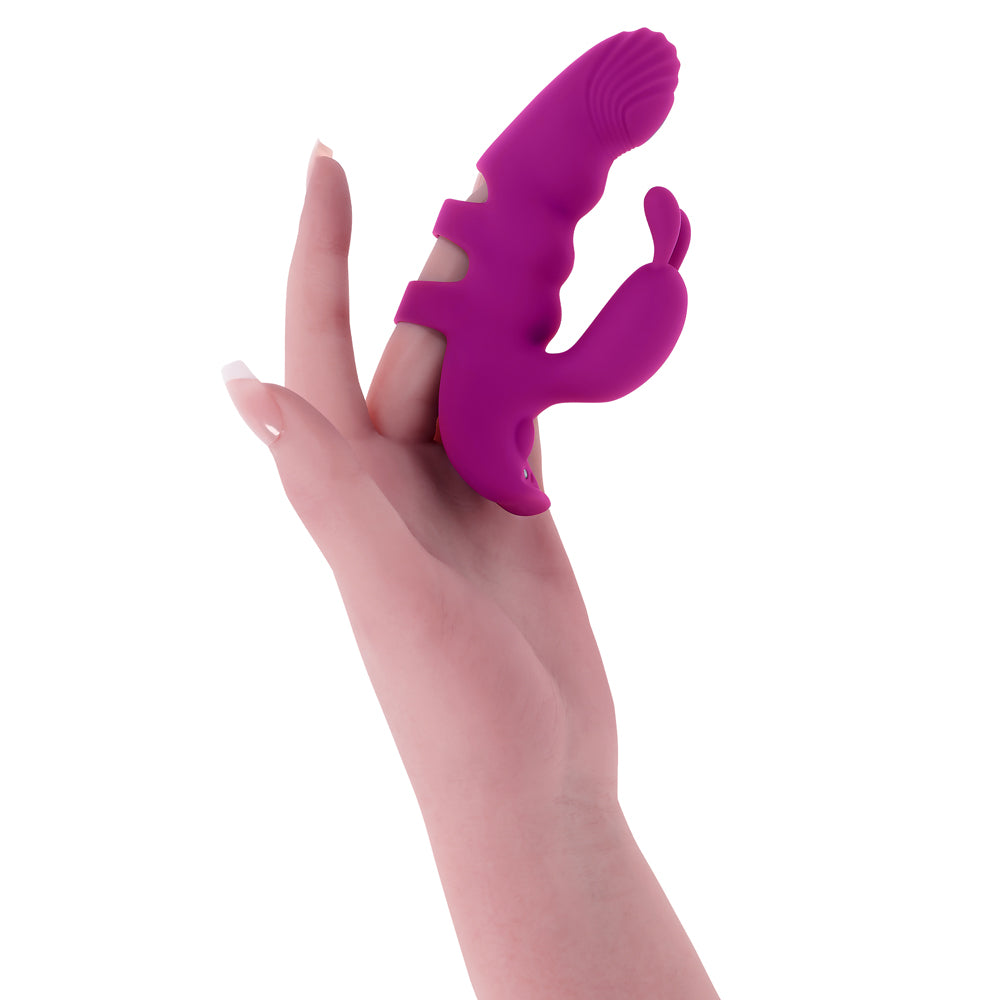 Playboy Pleasure Lend A Hand Finger Vibrator shown on a hand, highlighting its ergonomic design and functionality.