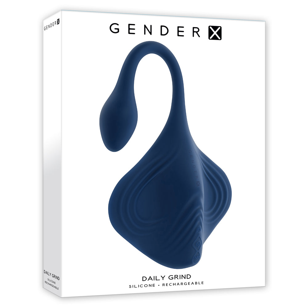 Gender X Daily Grind Silicone Vibrator Blue packaging featuring unique winged design and rechargeable functionality.