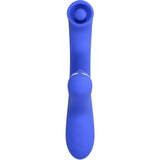 Evolved Oh Gee Silicone G-Spot Vibrator Blue showcasing its design with a spinning ball and clitoral arm for stimulation.