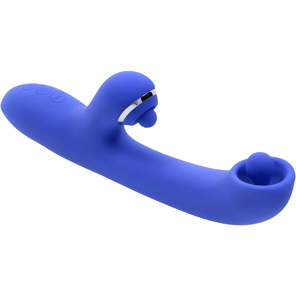 Evolved Oh Gee Silicone G-Spot Vibrator Blue showcasing the sleek design and dual-stimulation features.