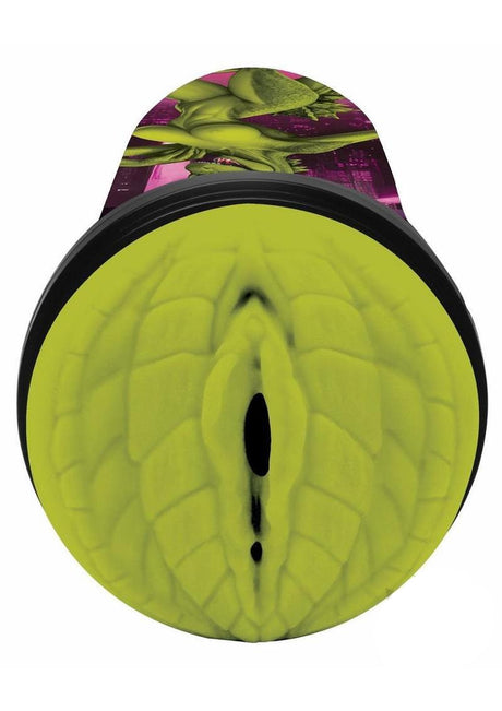 Creature Cock Fuckzilla Silicone Pussy Stroker Green showing detailed textures and vibrant green design.