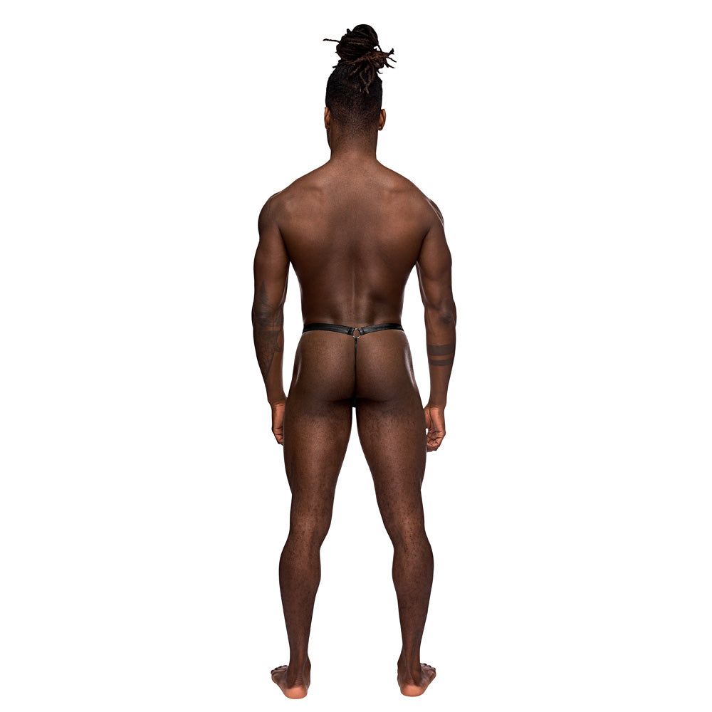 Male Power Jouster Studded G-Thong Black L XL worn by a model showcasing its stylish design from the back.