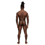 Male Power Jouster Studded G-Thong Black L XL worn by a model showcasing its stylish design from the back.
