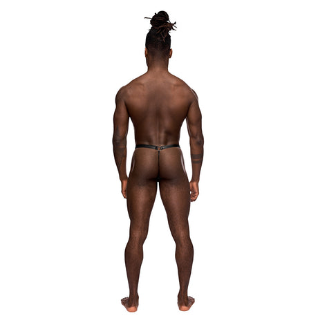 Male Power Jouster Studded G-Thong Black L XL worn by a model showcasing its stylish design from the back.