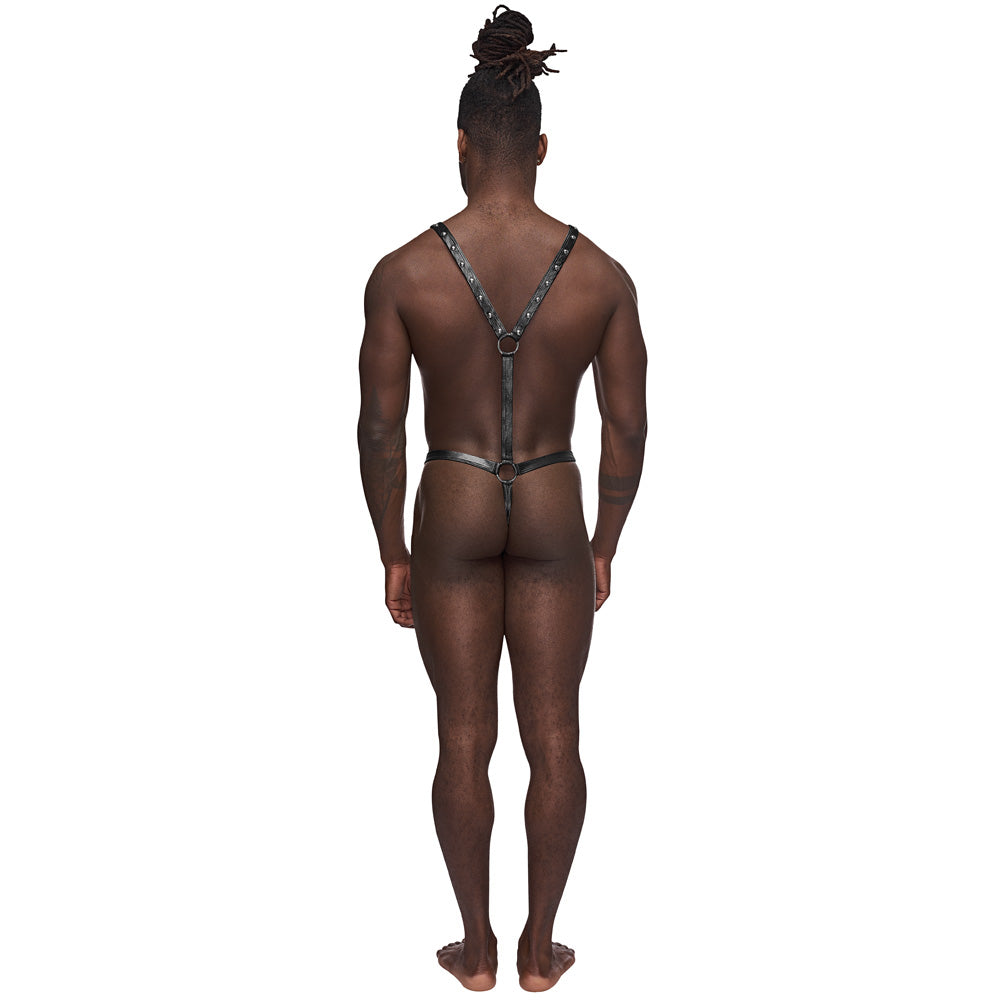 Male Power Warrior Studded Thong Harness Black S/M showcasing the back view on a model with a body-hugging fit.