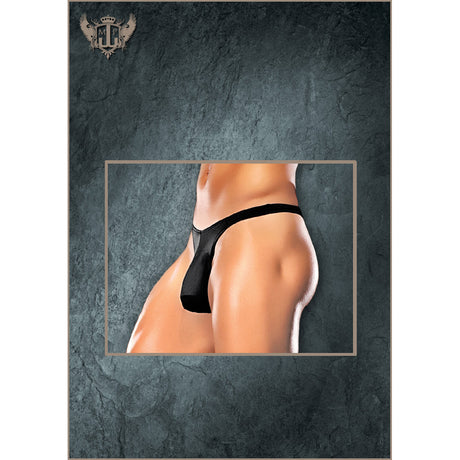 Male Power Nylon Spandex Bong Thong Black L XL showcasing a bold, revealing design on a male model.