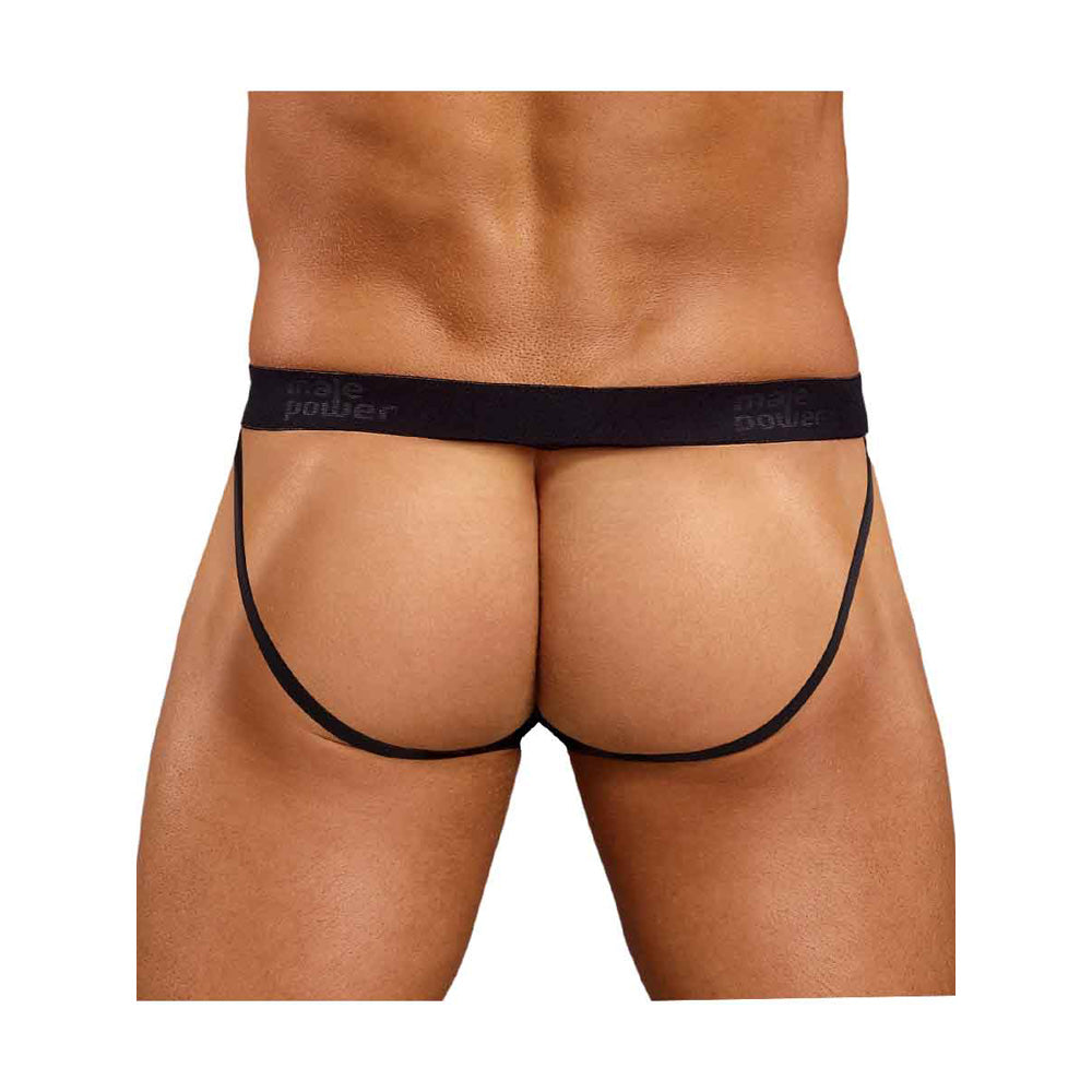 Male Power Satin Spandex Jock Black L/XL back view showcasing smooth satin finish and comfort-fit design.