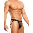 Male Power Satin Spandex Jock Black L/XL on a male model showcasing a sleek, form-fitting design.