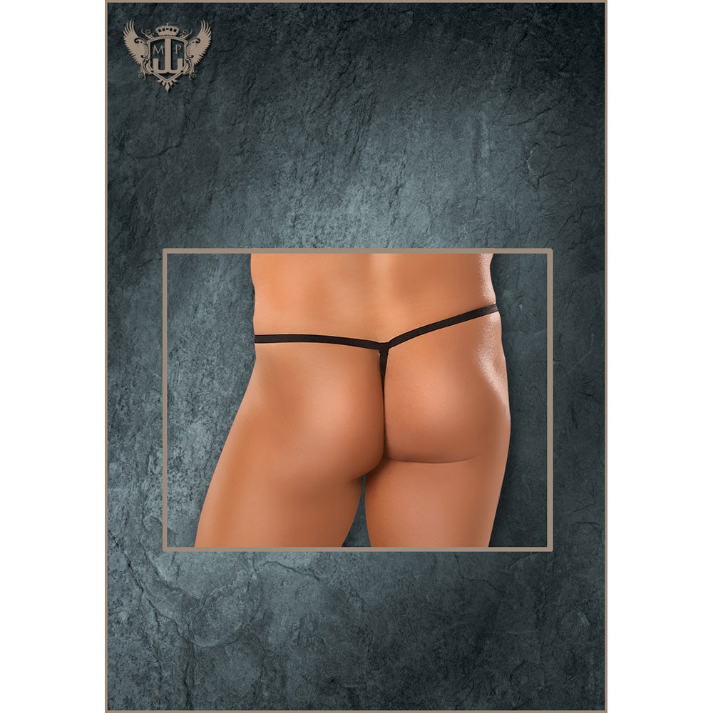 Male Power Satin Spandex Posing Strap Black One Size displayed on a model showcasing the sleek design.