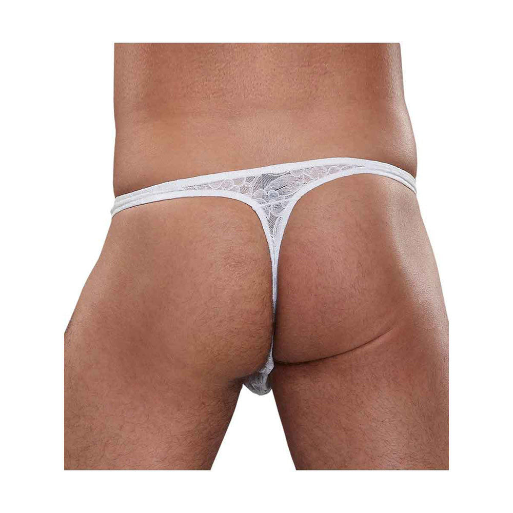 Male Power Stretch Lace Bong Thong White S/M shown from the back, featuring soft floral lace and a comfort fit pouch.