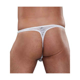 Male Power Stretch Lace Bong Thong White S/M shown from the back, featuring soft floral lace and a comfort fit pouch.
