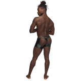 Male Power Poseidon Studded Chaps Black S M shown from the back, featuring a detachable thong and sleek design.