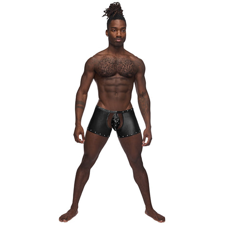 Male Power Poseidon Studded Chaps Black S M worn by a model showcasing bold, fetish style with decorative studs.