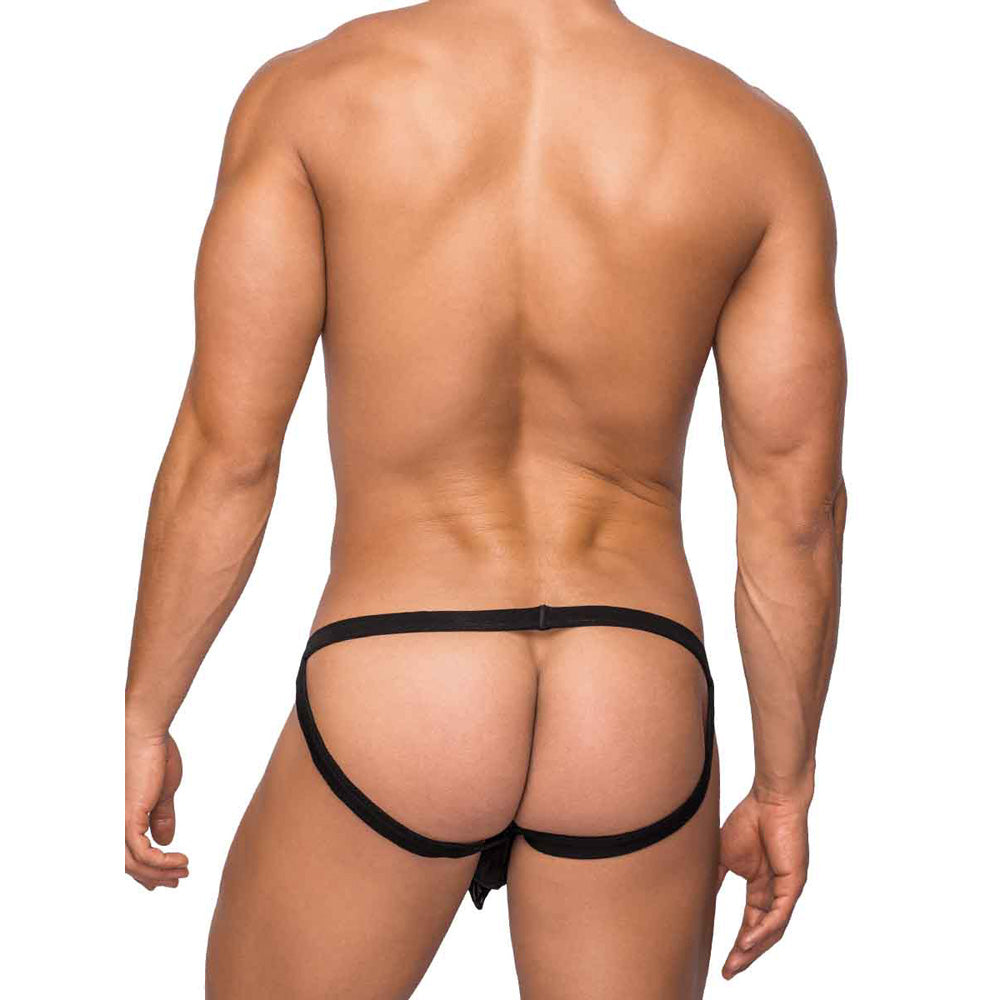 Male Power Hoser Hose Jock Black L/XL displayed on a model's backside, showcasing its bold and breathable design.