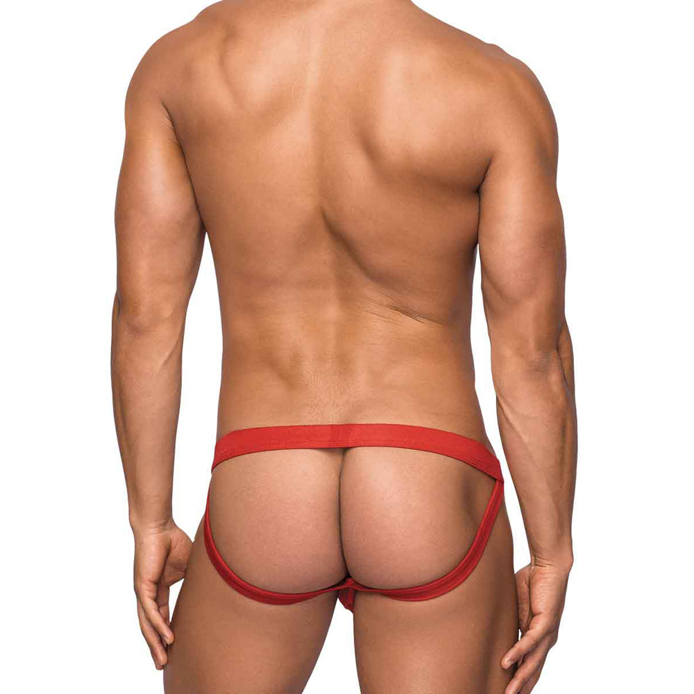 Male Power Hoser Hose Jock Strap Red S/M on male model showcasing sheer style from the back view.