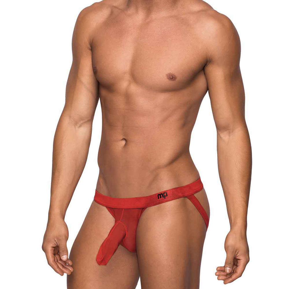 Male Power Hoser Hose Jock Strap Red S/M displayed on a model, showcasing a bold and modern design.