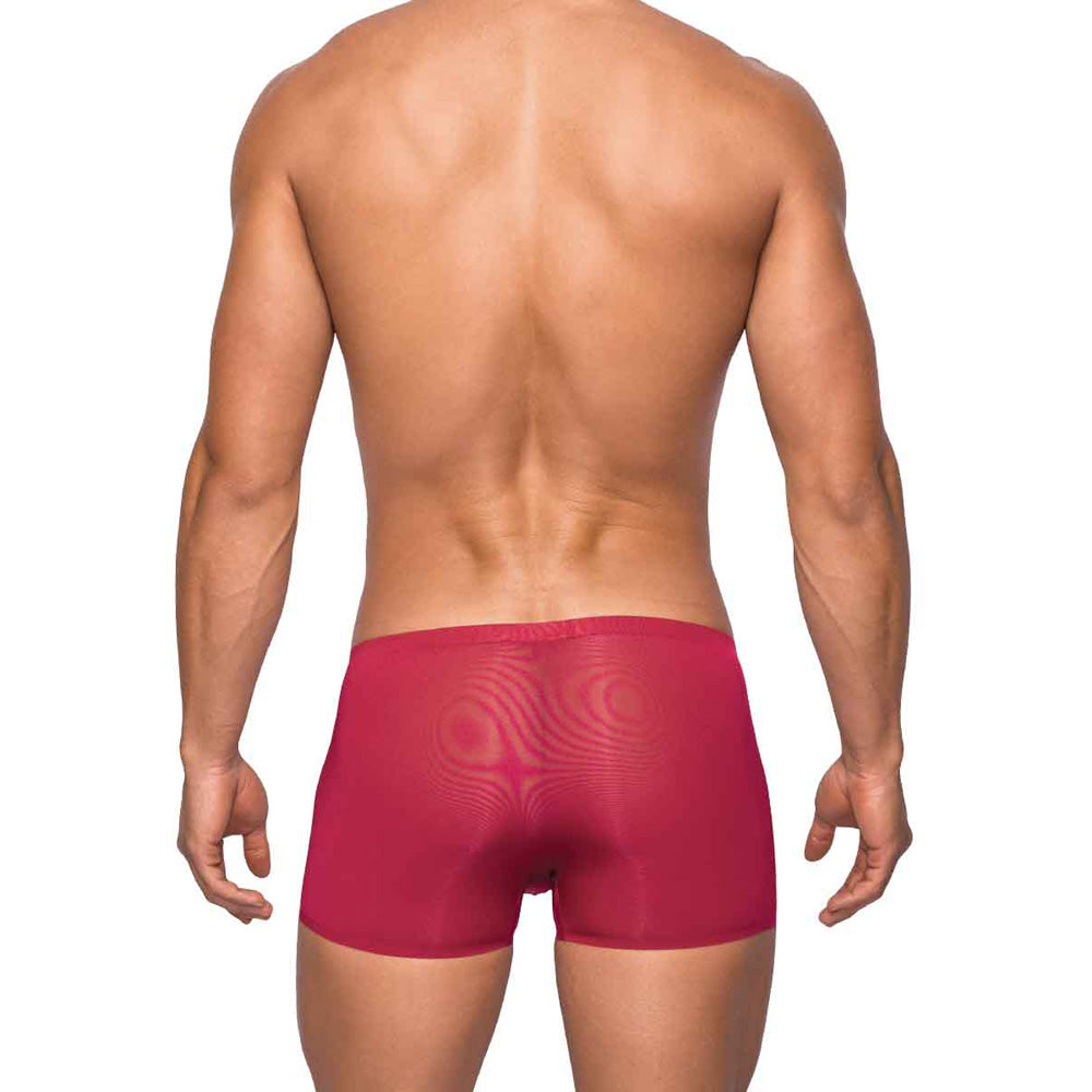 Male Power Seamless Sleek Sheer Pouch Short Wine showcased from the back view, highlighting its sheer fabric and sleek design.
