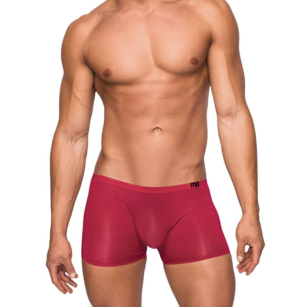 Male Power Seamless Sleek Sheer Pouch Short Wine in bold red on fit model.