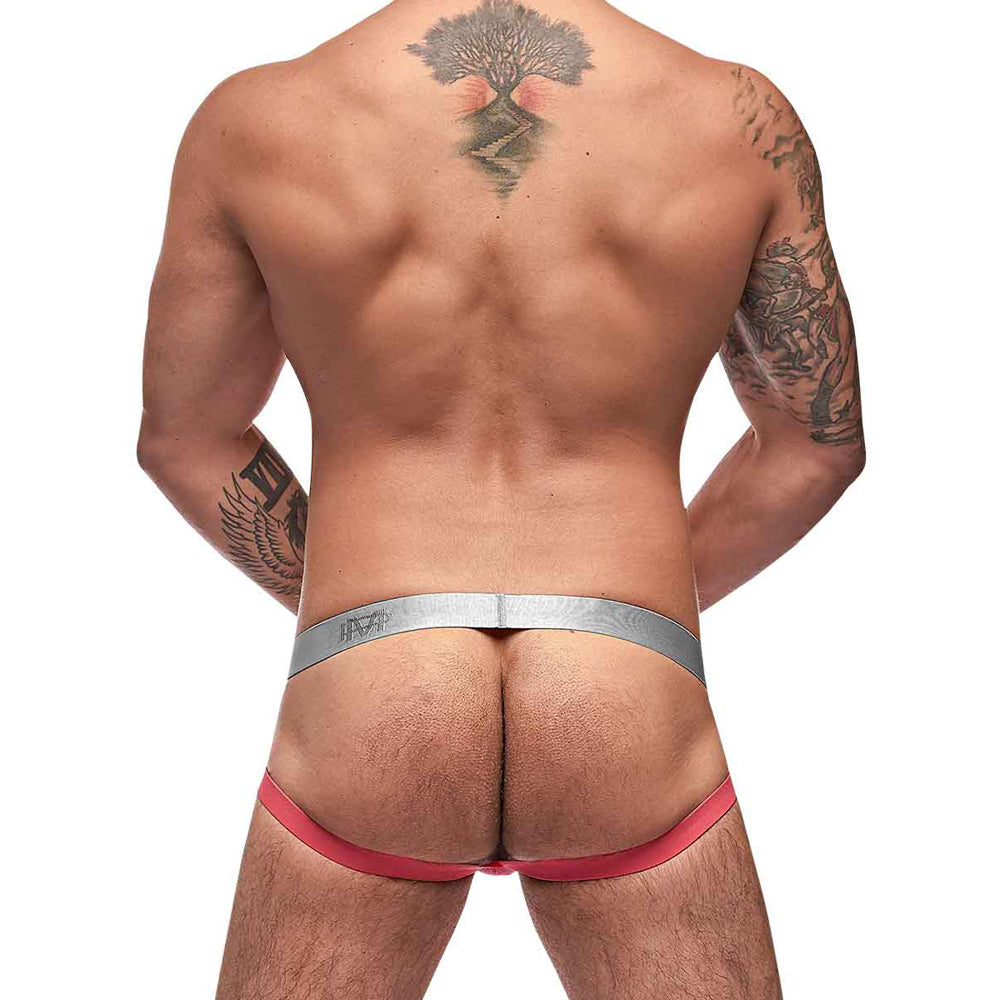 Male Power Mesh Rib Jock Ring Salmon L XL showcasing a man from the back, highlighting the sheer and supportive stylish design.
