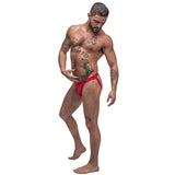Male Power Pure Comfort Modal Sport Jock Red L XL displayed on a muscular man posing confidently.