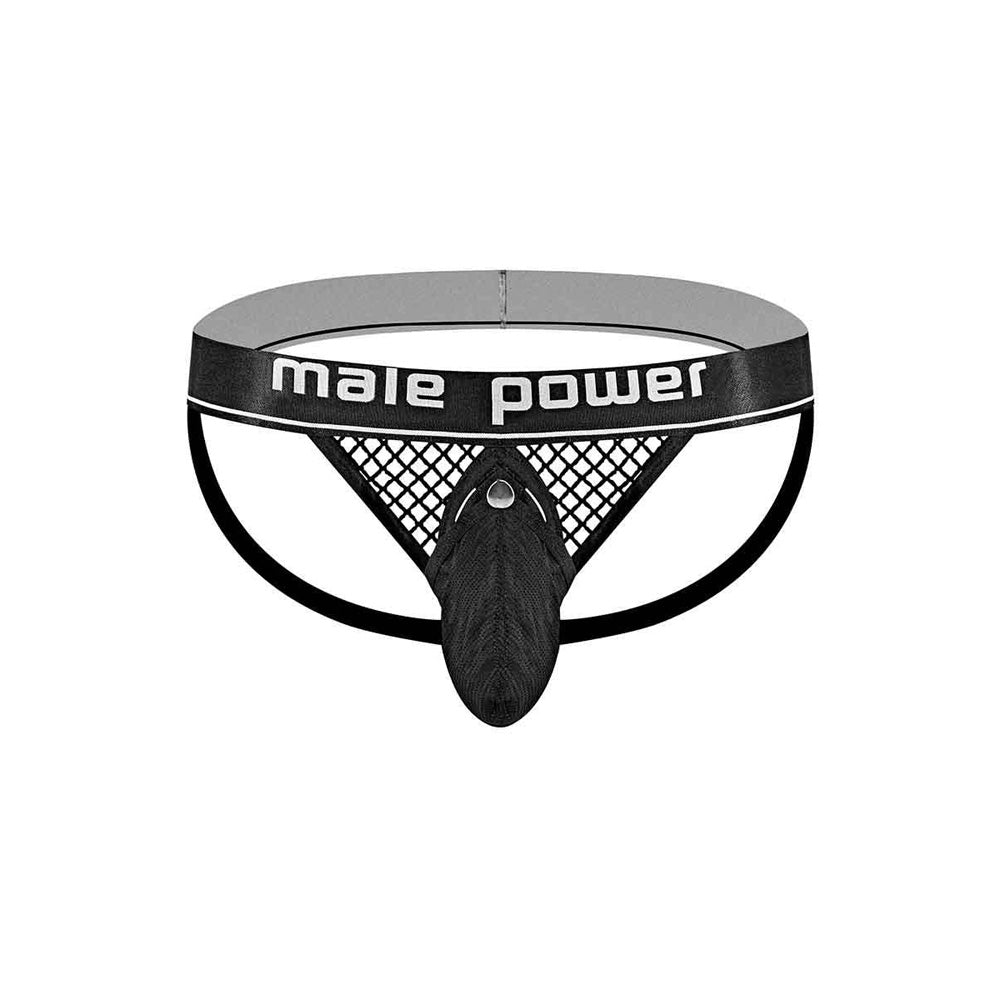 Male Power Cock Pit Net Cock Ring Jock Black L XL showcasing sporty design with net panel and branded waistband.