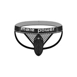 Male Power Cock Pit Net Cock Ring Jock Black L XL showcasing sporty design with net panel and branded waistband.