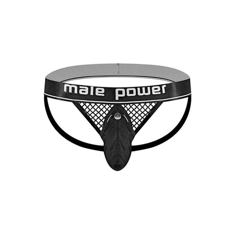 Male Power Cock Pit Net Cock Ring Jock Black L XL showcasing sporty design with net panel and branded waistband.