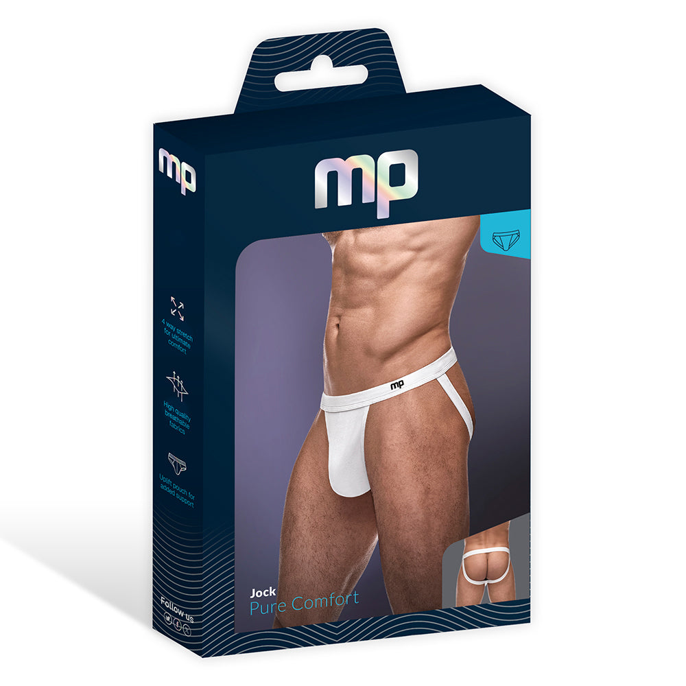 Male Power Pure Comfort Sport Jock White L/XL packaging showing a model wearing the jock.
