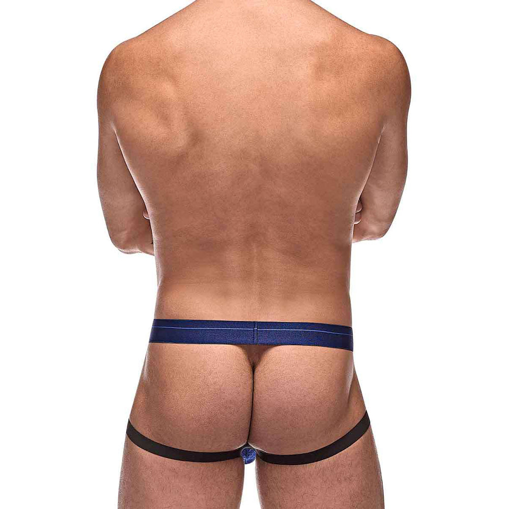 Male Power Diamond Mesh Jock Ring Navy L XL showcased from the back, highlighting its sheer stretch mesh and diamond pattern.