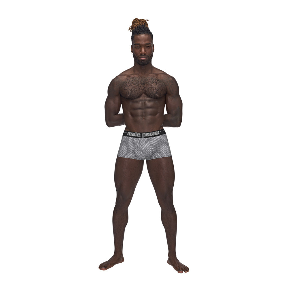 Model wearing the Sexagon Mini Short Grey Medium showcasing style and comfort from Male Power collection.