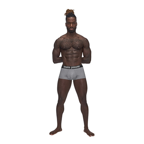 Model wearing the Sexagon Mini Short Grey Medium showcasing style and comfort from Male Power collection.