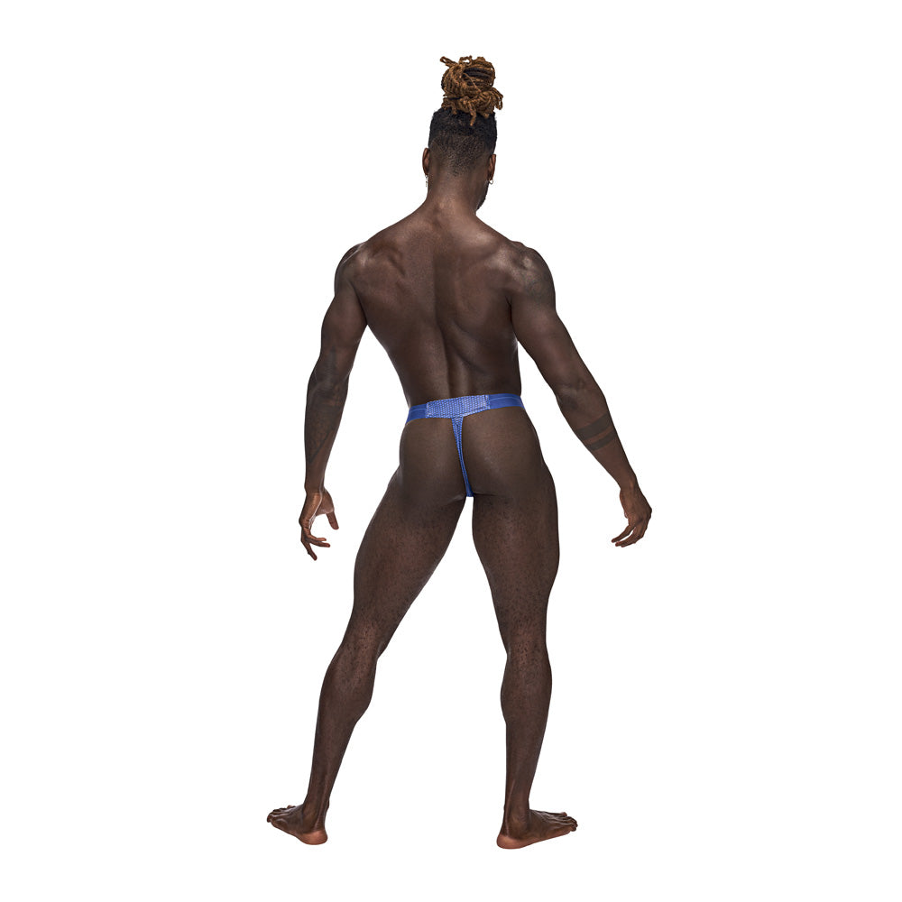 Male Power Sexagon Micro V Thong Royal S M showcased on a muscular man from the back, highlighting its royal-blue hexagon print.