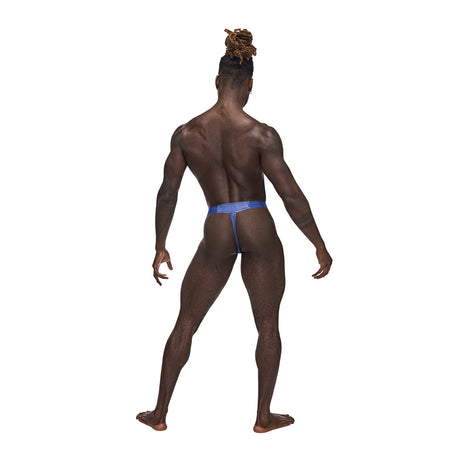 Male Power Sexagon Micro V Thong Royal S M showcased on a muscular man from the back, highlighting its royal-blue hexagon print.
