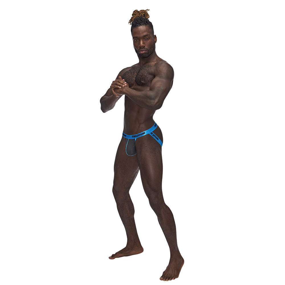 Male Power Casanova Uplift Jock Black L XL on a model showcasing its sleek design and lifting support.