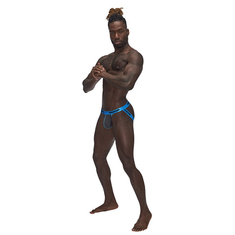 Male Power Casanova Uplift Jock Black L XL on a model showcasing its sleek design and lifting support.