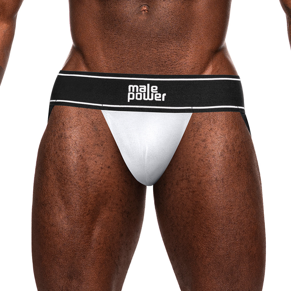 Male Power Modal Rib Jockstrap White L XL on a model, showcasing the supportive design and comfortable fit.